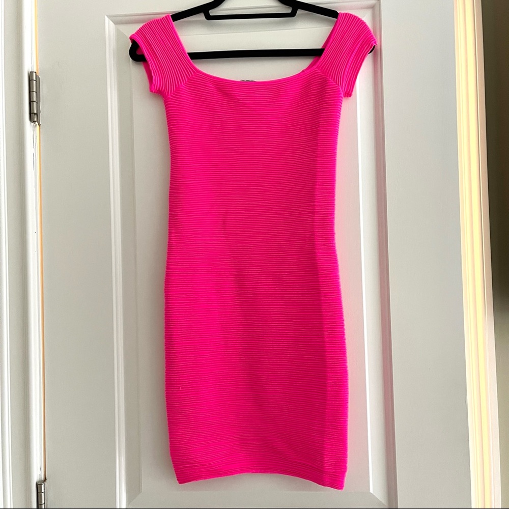 Neon pink bodycon off the shoulder dress